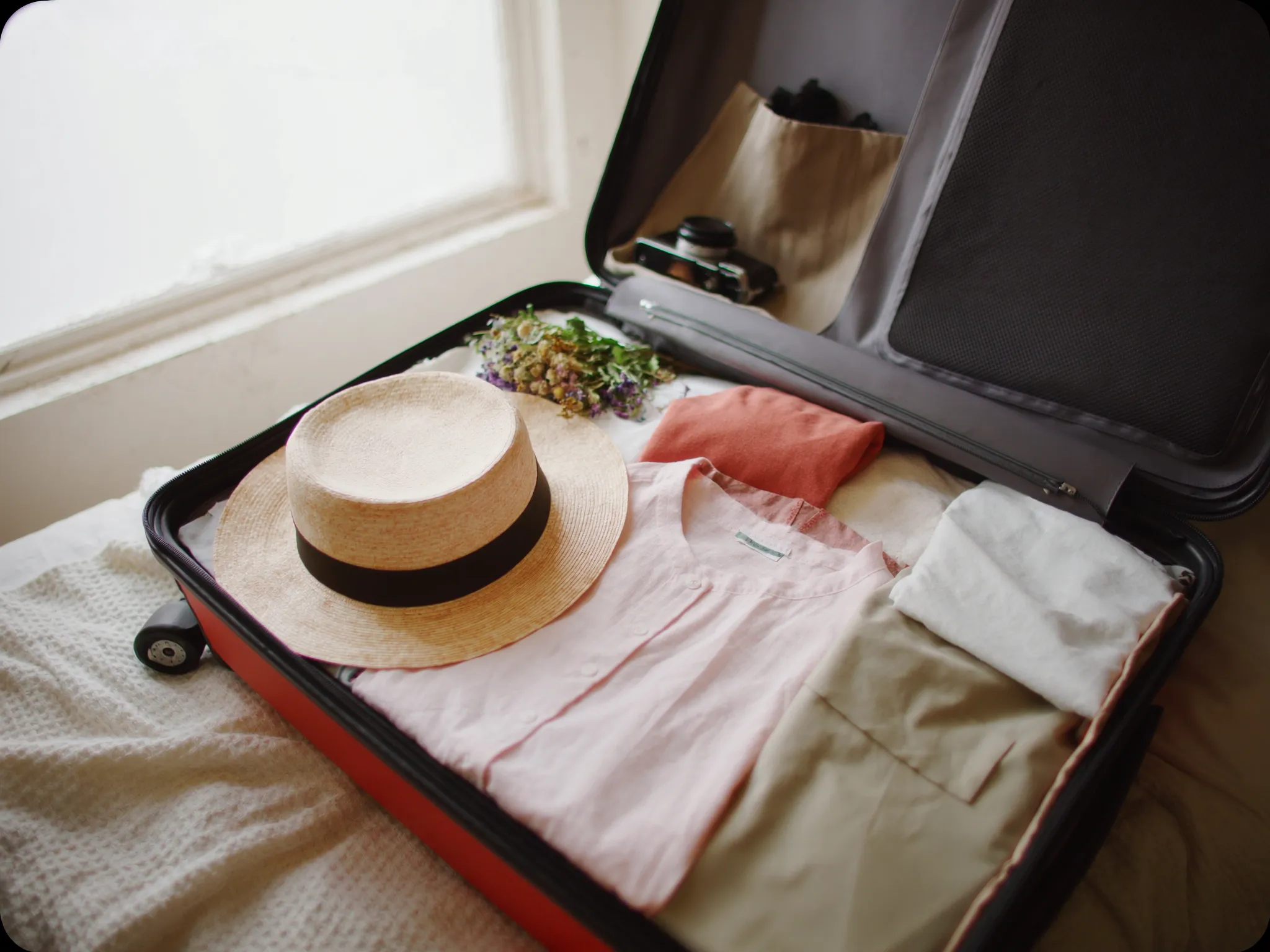An open suitcase packed for a honeymoon with a sun hat, linen clothes and a camera